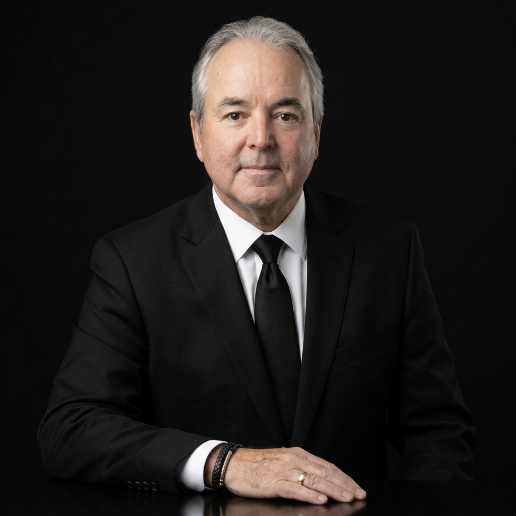 professional portrait of a high-level male financial advisor in a tailored dark suit, confident subtle smile, dark luxury background, dramatic cinematic lighting, glowing edge effect